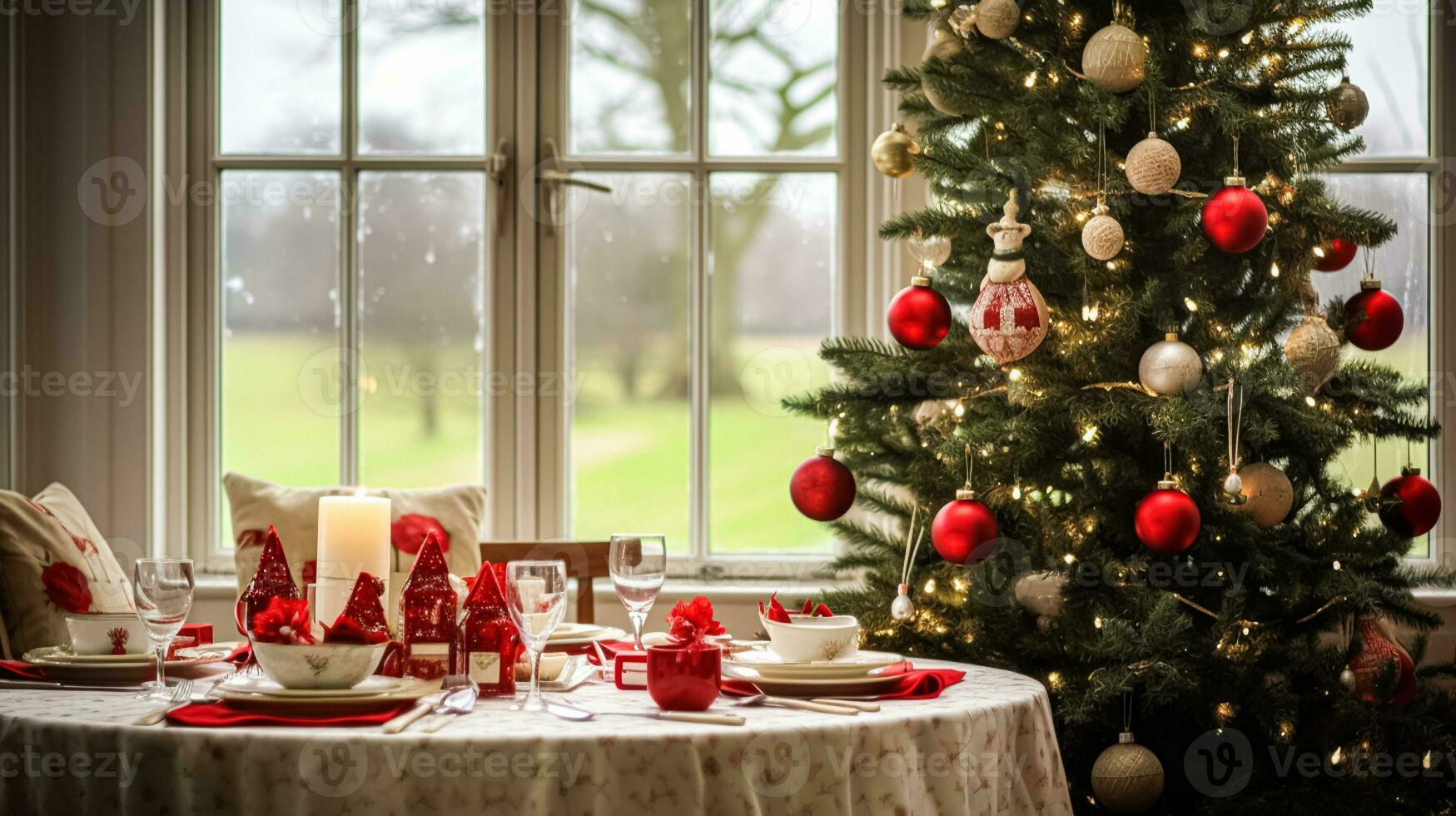 ai generado Navidad fiesta familia desayuno, mesa ajuste decoración y festivo paisaje de mesa, Inglés país y hogar peinado foto