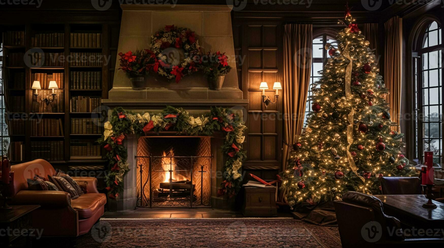 AI generated Christmas at the manor, English countryside decoration and interior decor photo