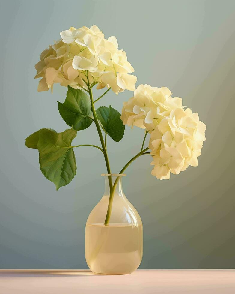 AI generated White hydrangea in a vase on a gray background photo