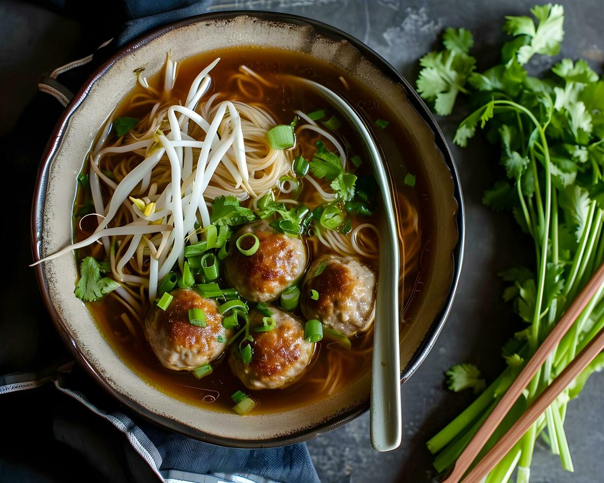 AI generated Vietnamese noodle soup with meatballs and coriander photo