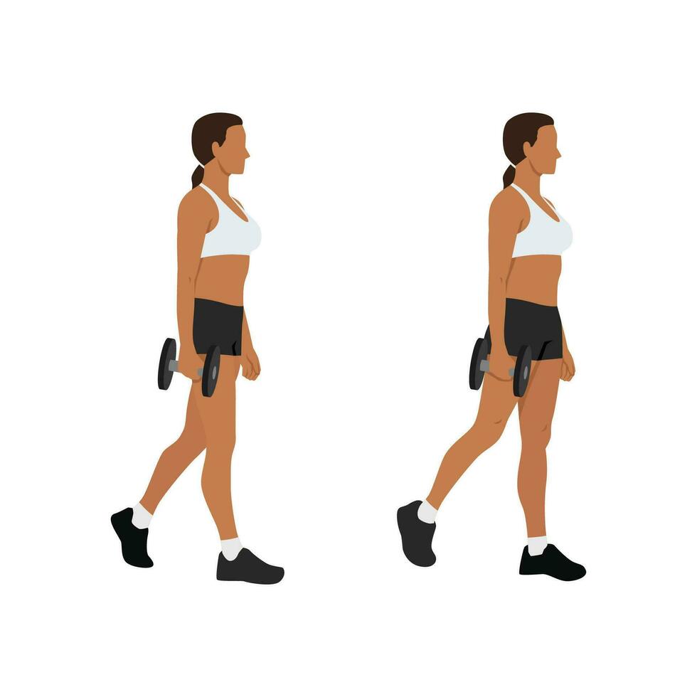 Woman doing single or one arm dumbbell farmers walk or suitcase carry exercise. vector