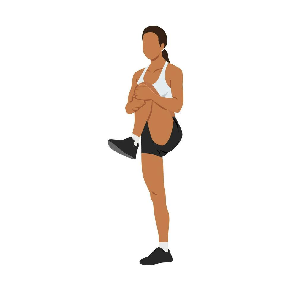 Woman doing standing knee hugs exercise. vector