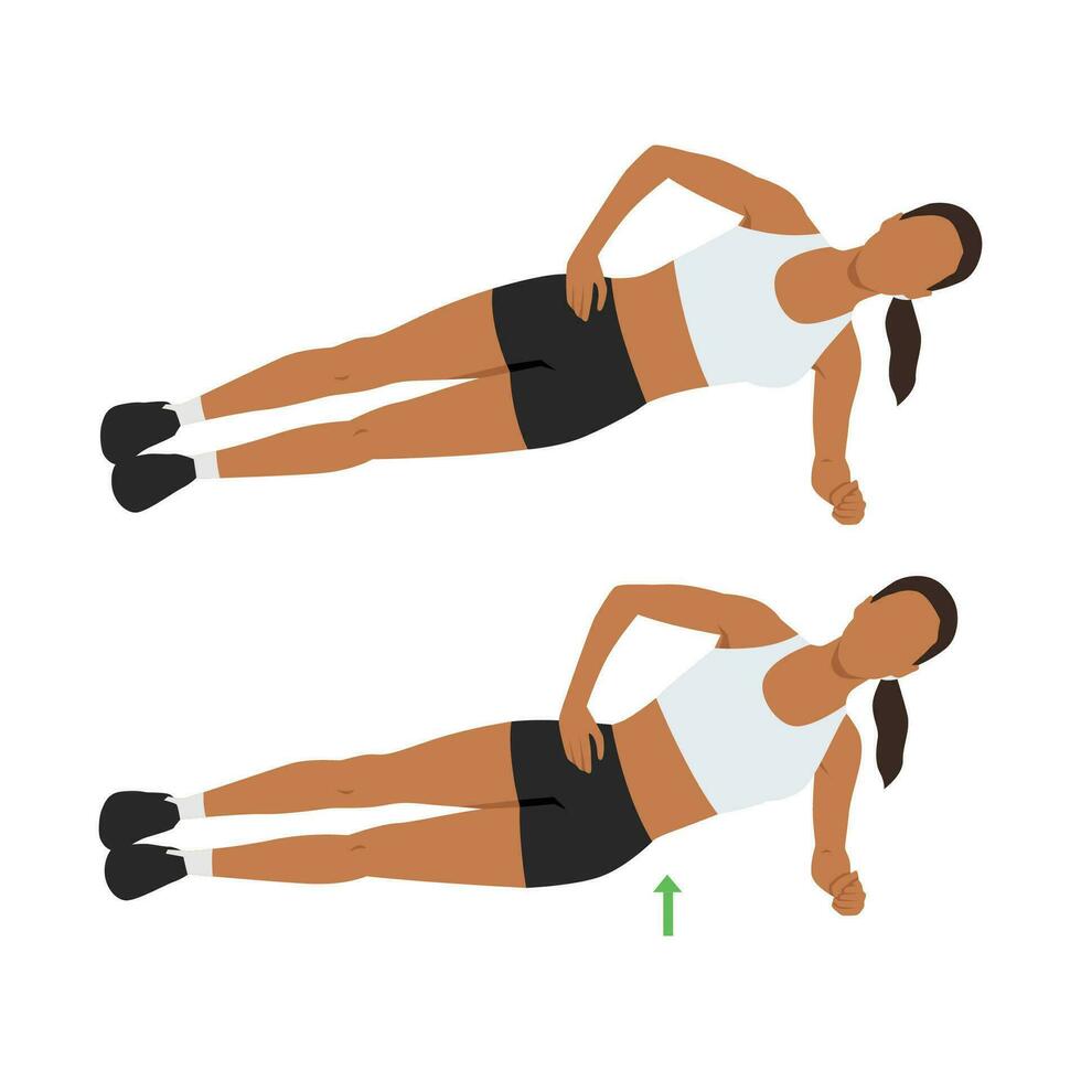 Woman doing side plank hip raises exercise. vector