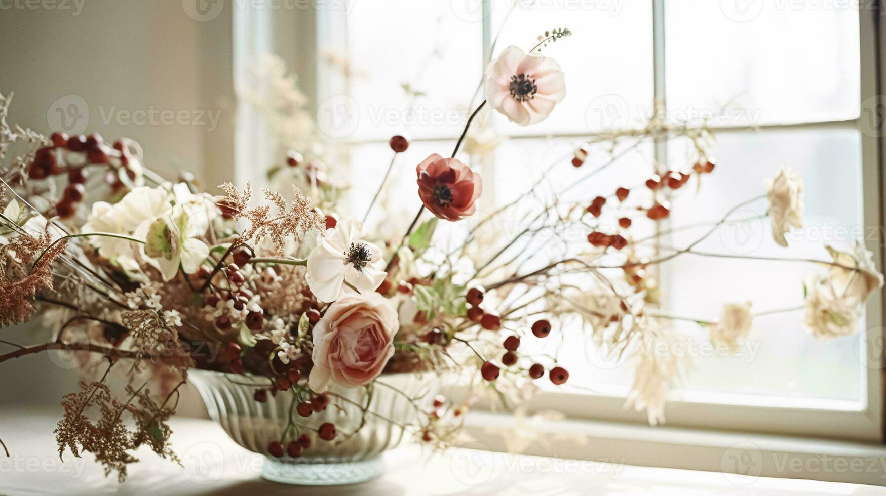 AI generated Floral arrangement with winter, autumn or early spring botanical plants and flowers photo