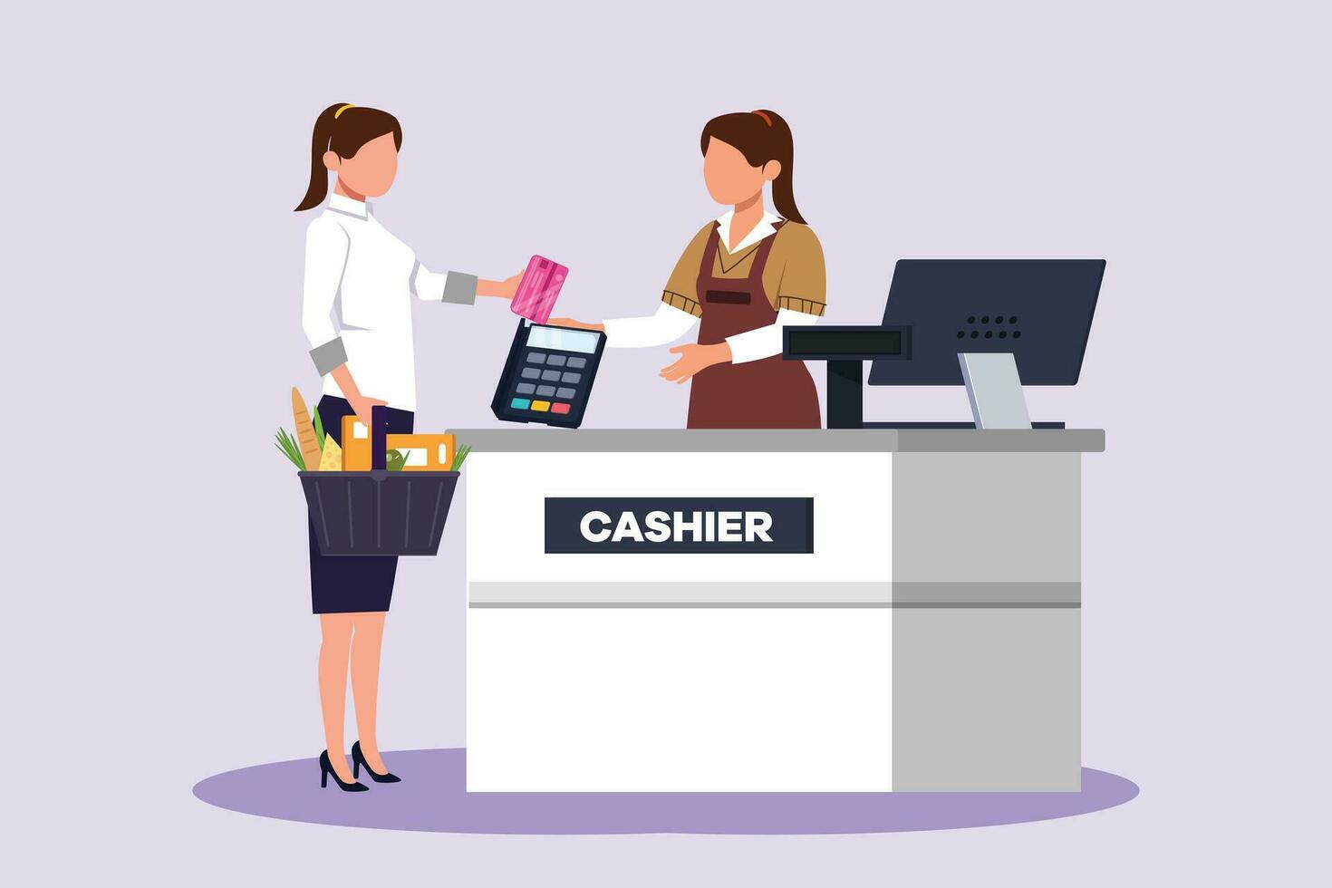 Customers paying at checkout and cashier counters concept. Colored flat vector illustration isolated.