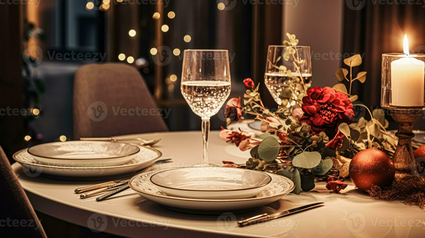 AI generated Festive date night tablescape idea, dinner table setting for two and Christmas, New Year, Valentines day decor, English country home styling photo