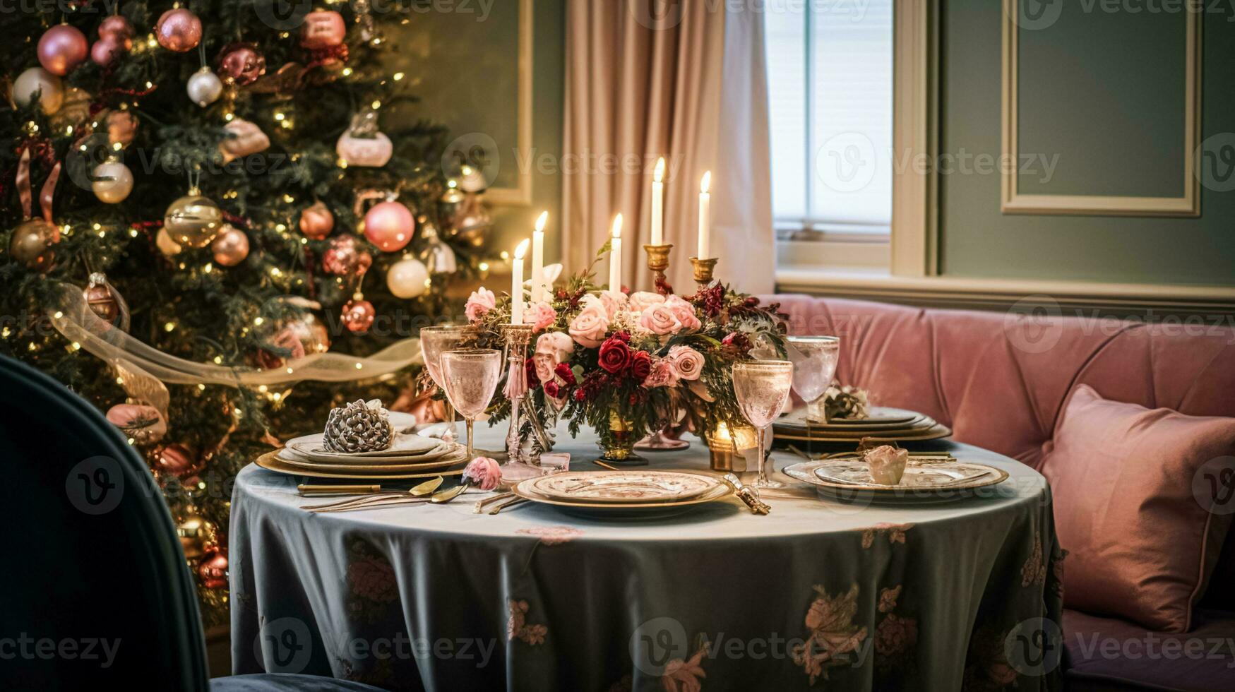AI generated Table decor for festive family dinner at home, holiday tablescape and table setting, formal for wedding, celebration, English country and home styling photo