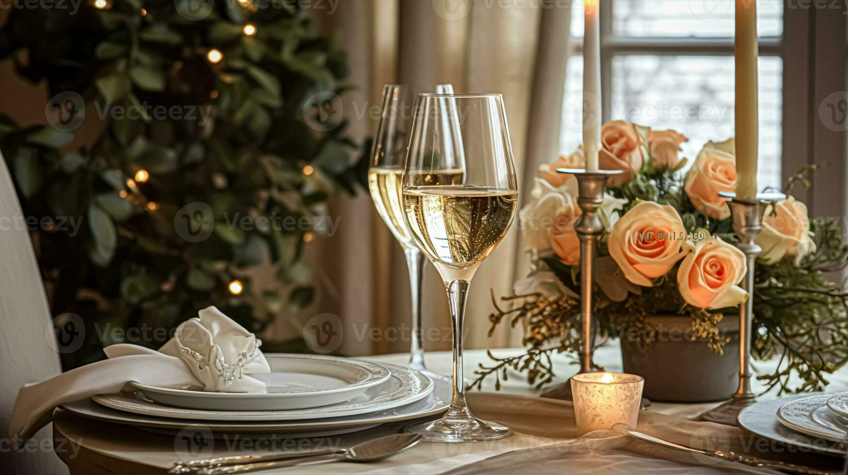 AI generated Festive date night tablescape idea, dinner table setting for two and Christmas, New Year, Valentines day decor, English country home styling photo