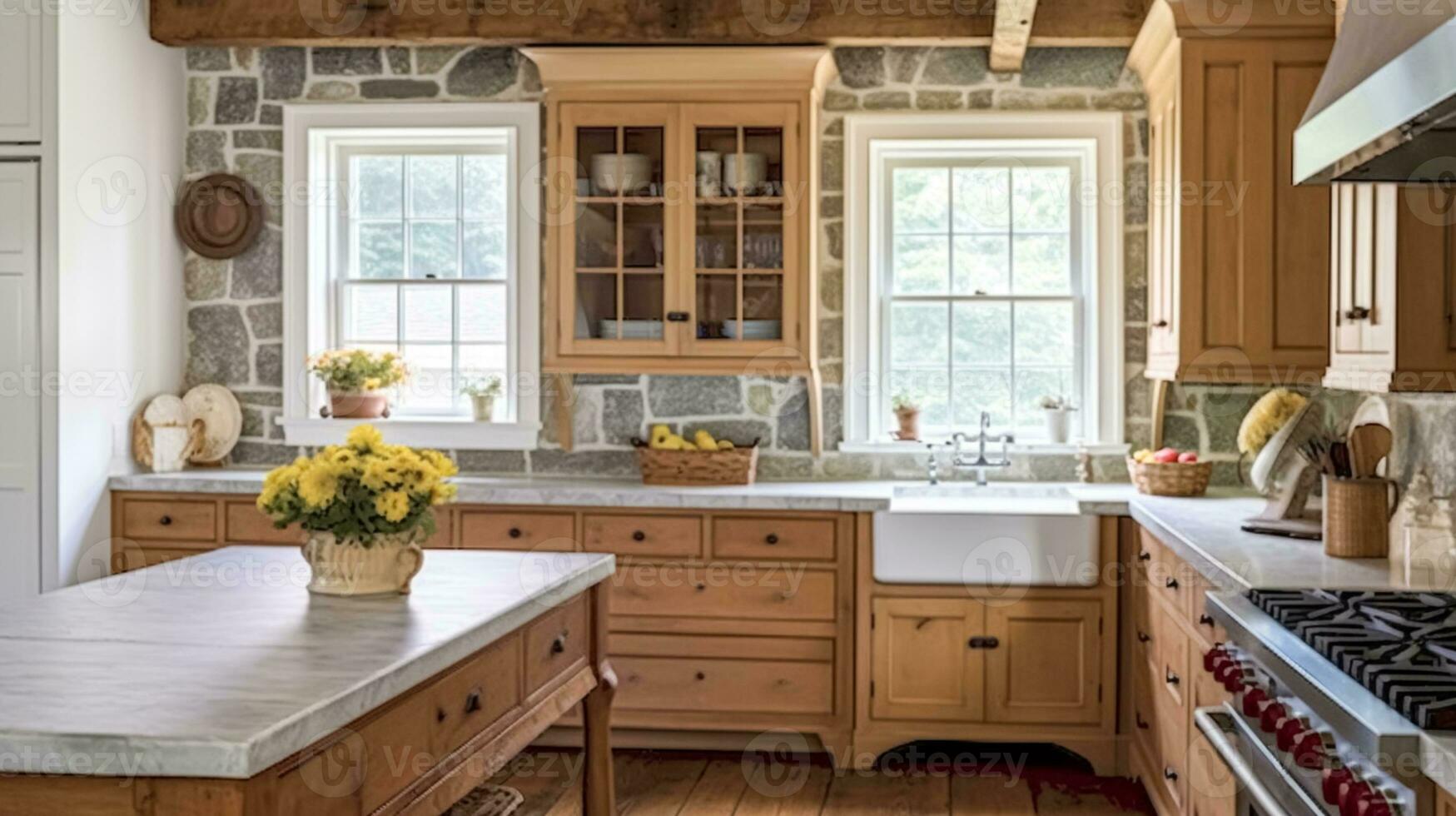 AI generated Cottage kitchen decor, interior design and country house, wooden in frame kitchen cabinetry, sink, stove and stone countertop, English countryside style photo