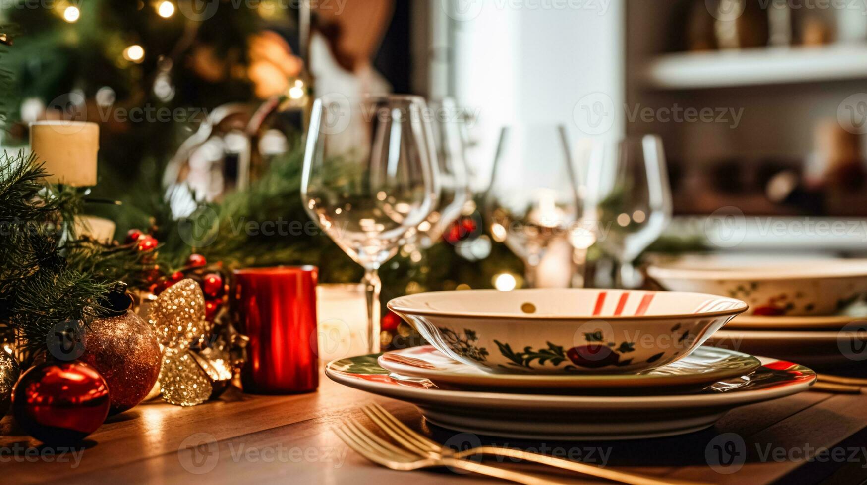 AI generated Dishware and crockery set for winter holiday family dinner, Christmas homeware decor for holidays in the English country house, gift set and home styling photo