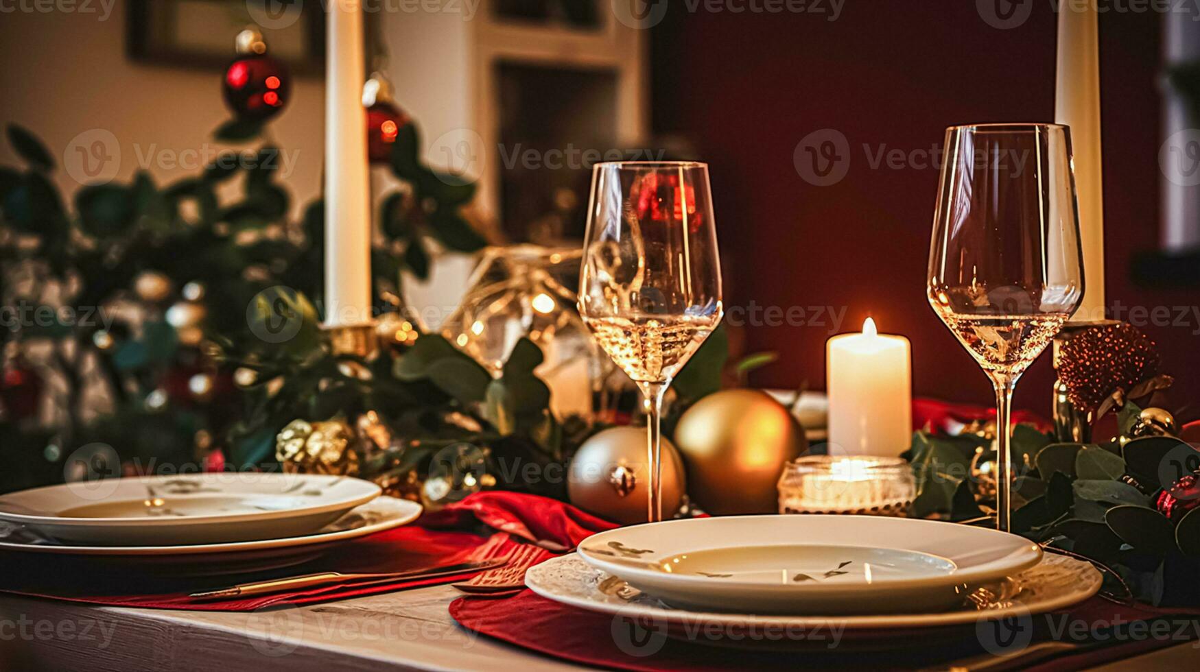 AI generated Festive date night tablescape idea, dinner table setting for two and Christmas, New Year, Valentines day decor, English country home styling photo