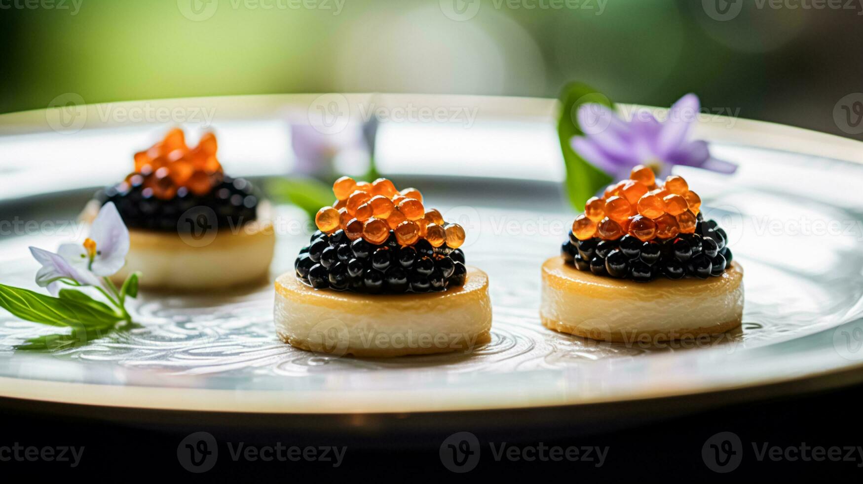 AI generated Food, hospitality and room service, starter appetisers with caviar as exquisite cuisine in hotel restaurant a la carte menu, culinary art and fine dining photo