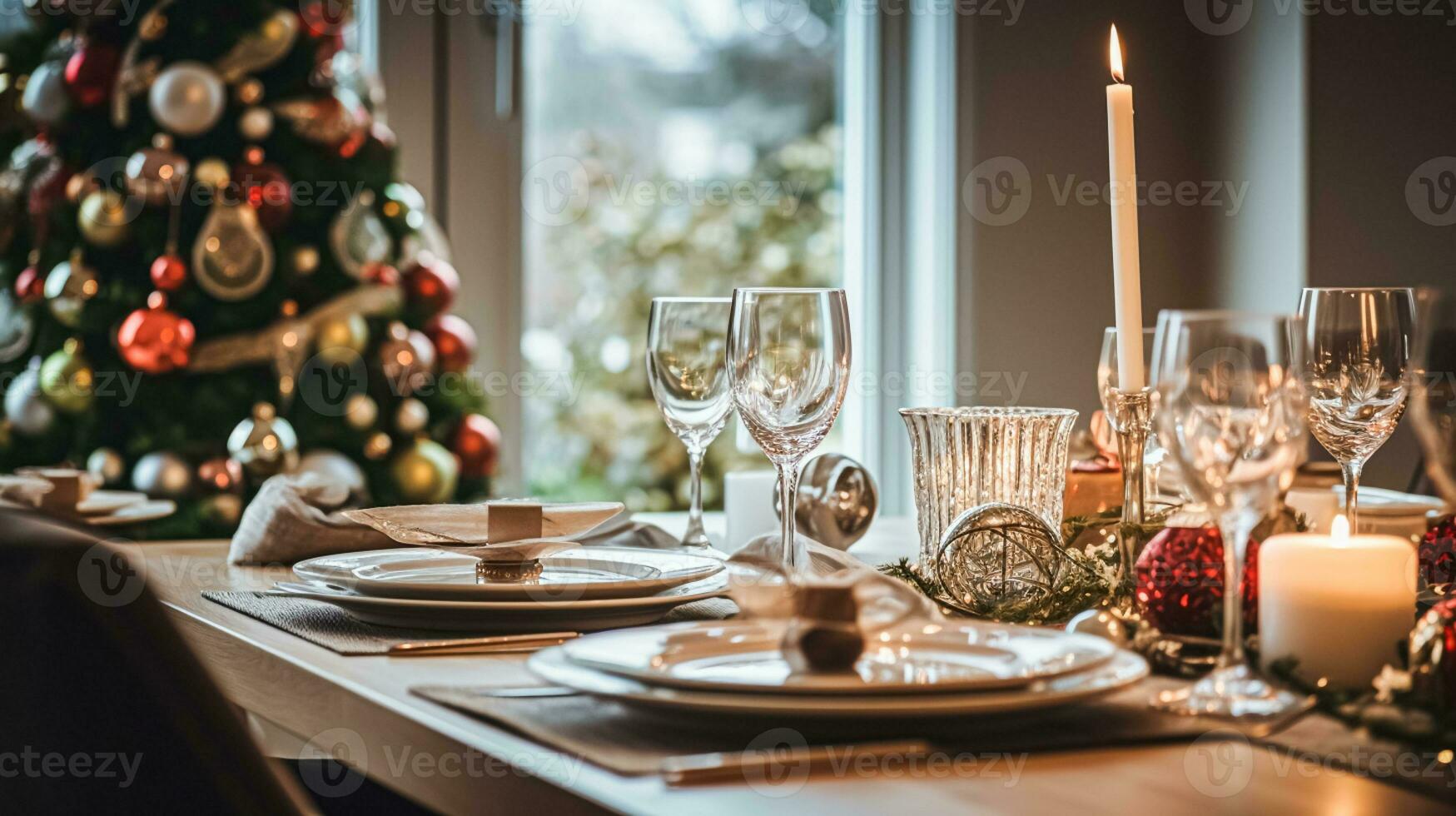 AI generated Holiday dinner at home, table decor photo