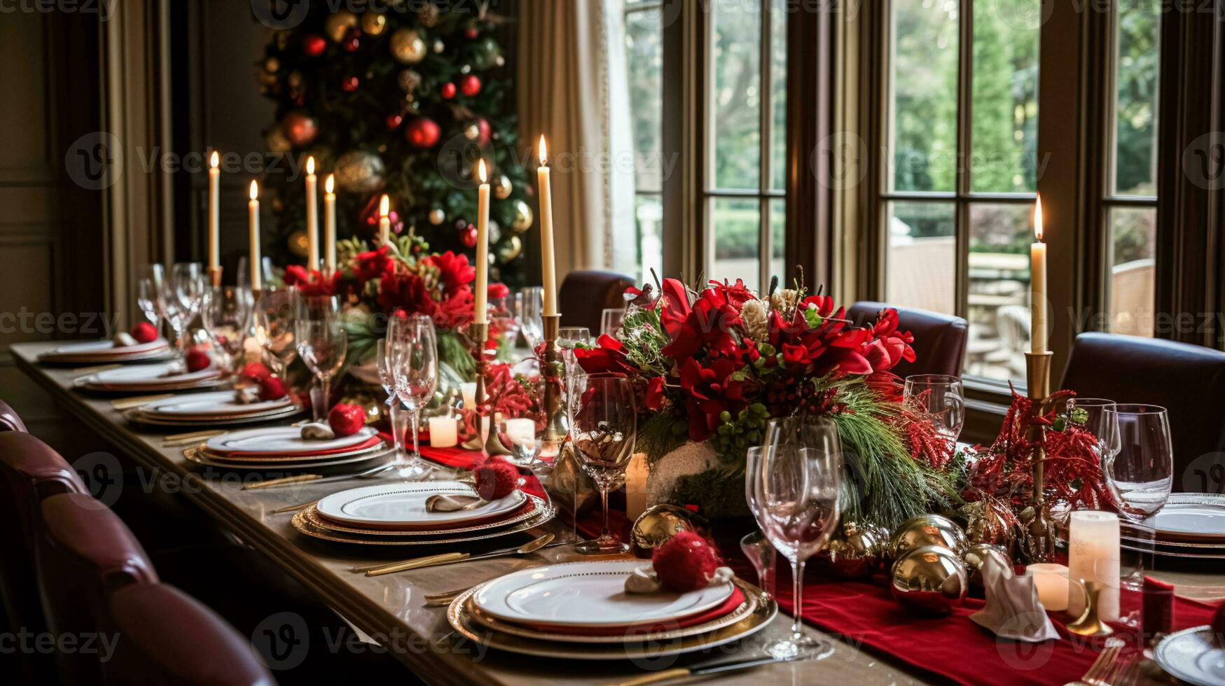 AI generated Christmas at the manor, holiday tablescape and dinner table setting, English countryside decoration and interior decor photo