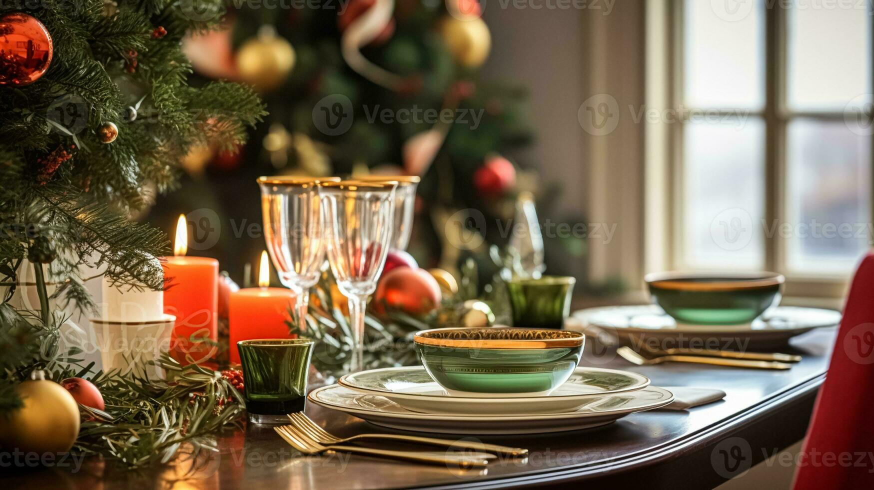 ai generado Navidad fiesta familia desayuno, mesa ajuste decoración y festivo paisaje de mesa, Inglés país y hogar peinado foto