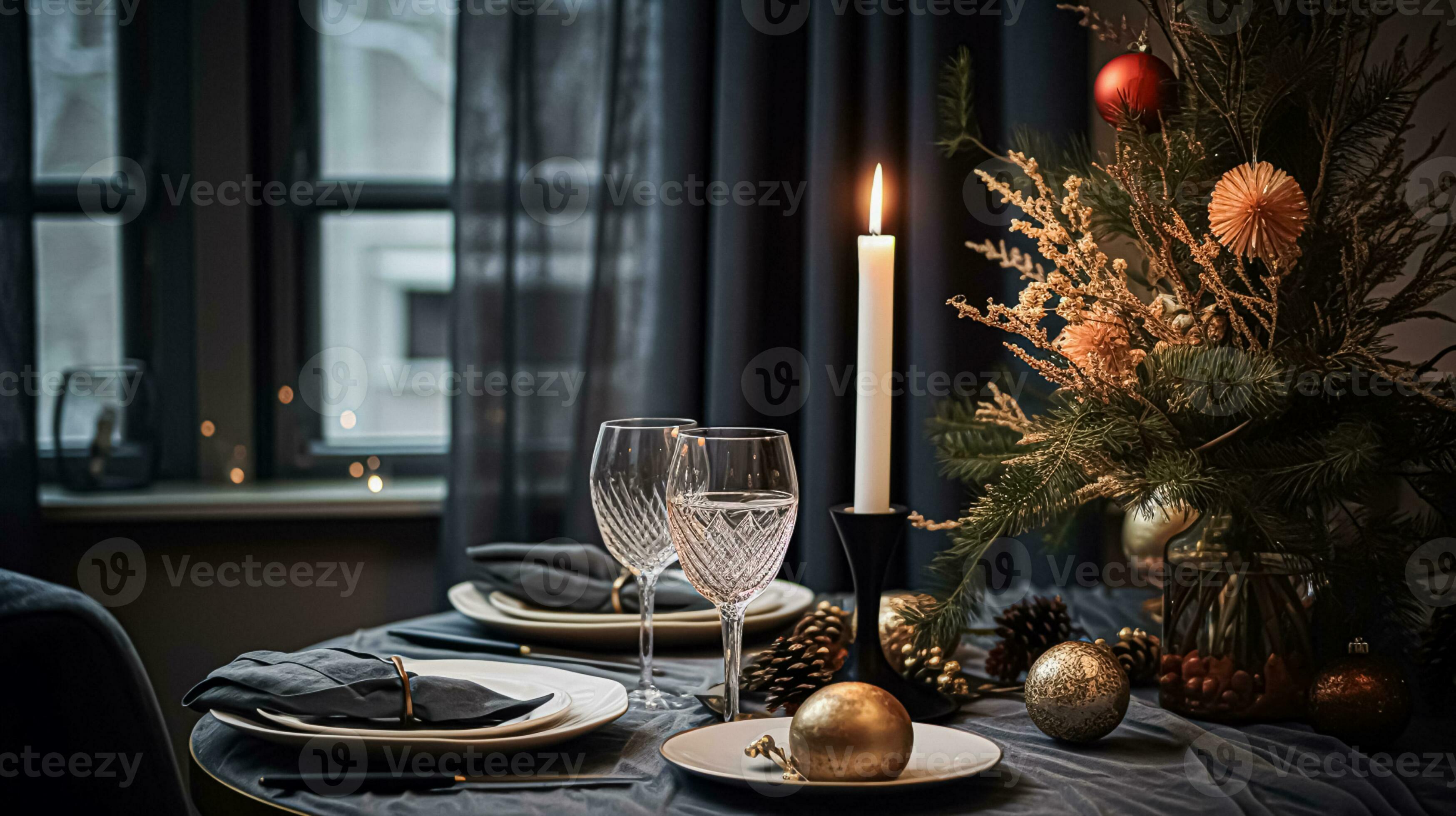 AI generated Festive date night tablescape idea, dinner table setting