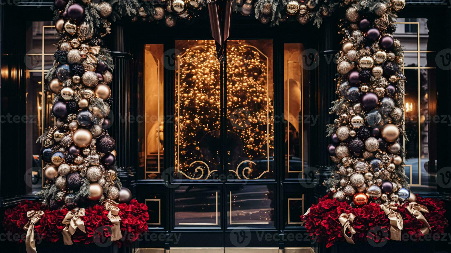 AI generated Christmas decoration details on English styled luxury high street city store door or shopping window display, holiday sale and shop decor photo