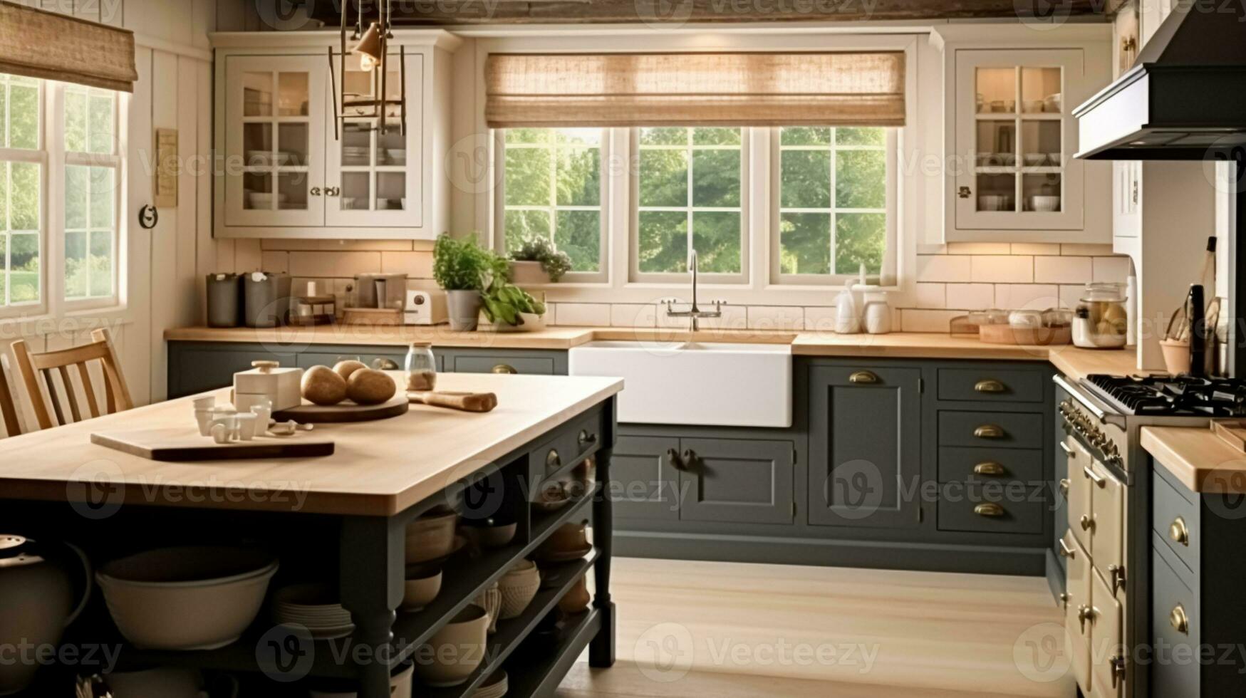 AI generated Dark kitchen decor, cottage interior design and house improvement, English in frame kitchen cabinets in a country house style photo