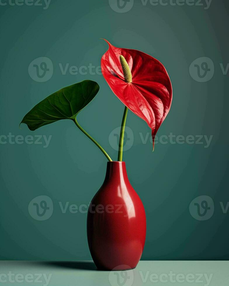AI generated Anthurium flower in red vase on green background. 3d render photo