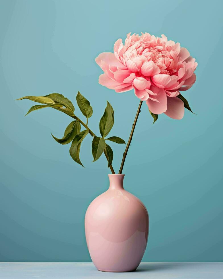 AI generated Pink peony in vase on blue background. Minimal still life photo