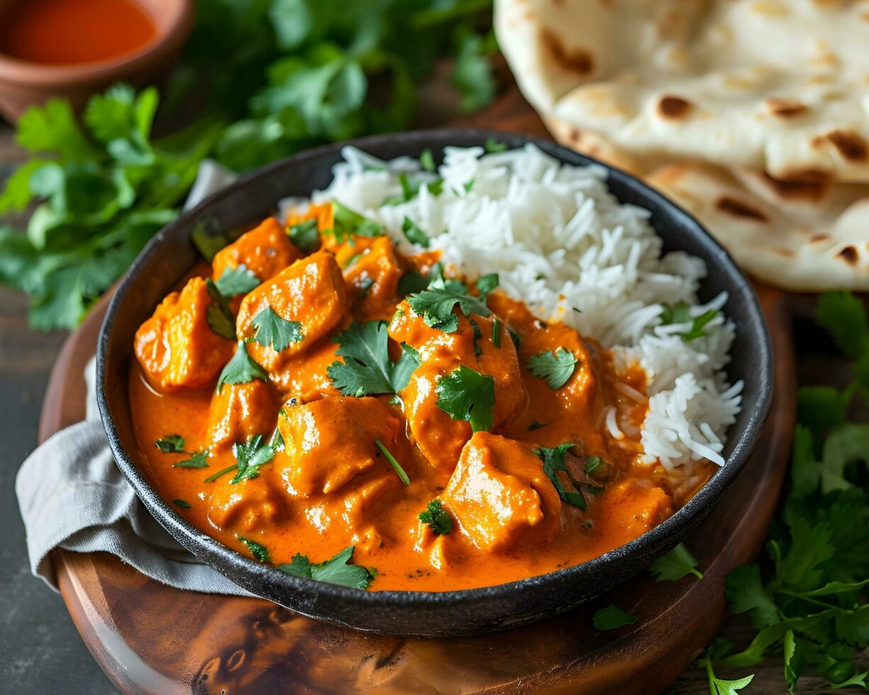 AI generated Chicken tikka masala with rice and naan. Indian cuisine photo