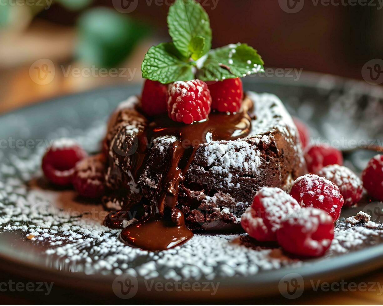 AI generated Chocolate cake with raspberries and mint on a black plate photo