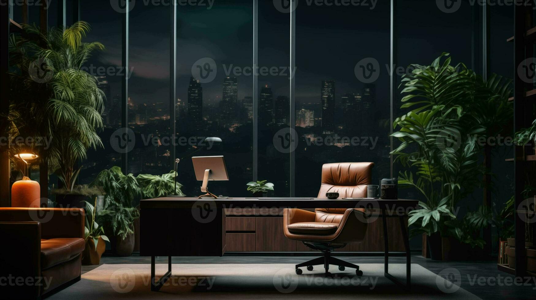 AI generated Interior of modern office with city view. 3D Rendering photo