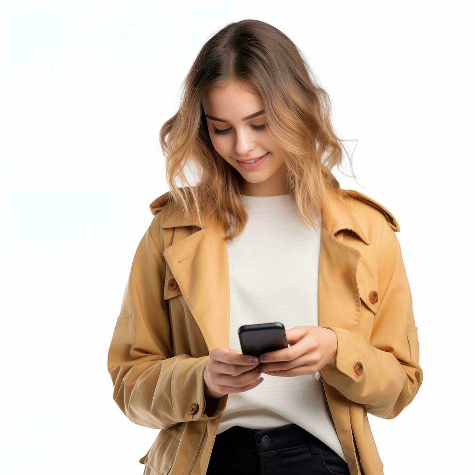 AI generated woman using smartphone in white background photo