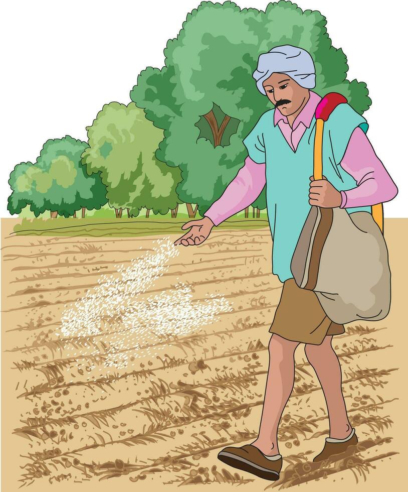 Farmer throwing pesticides in the field vector