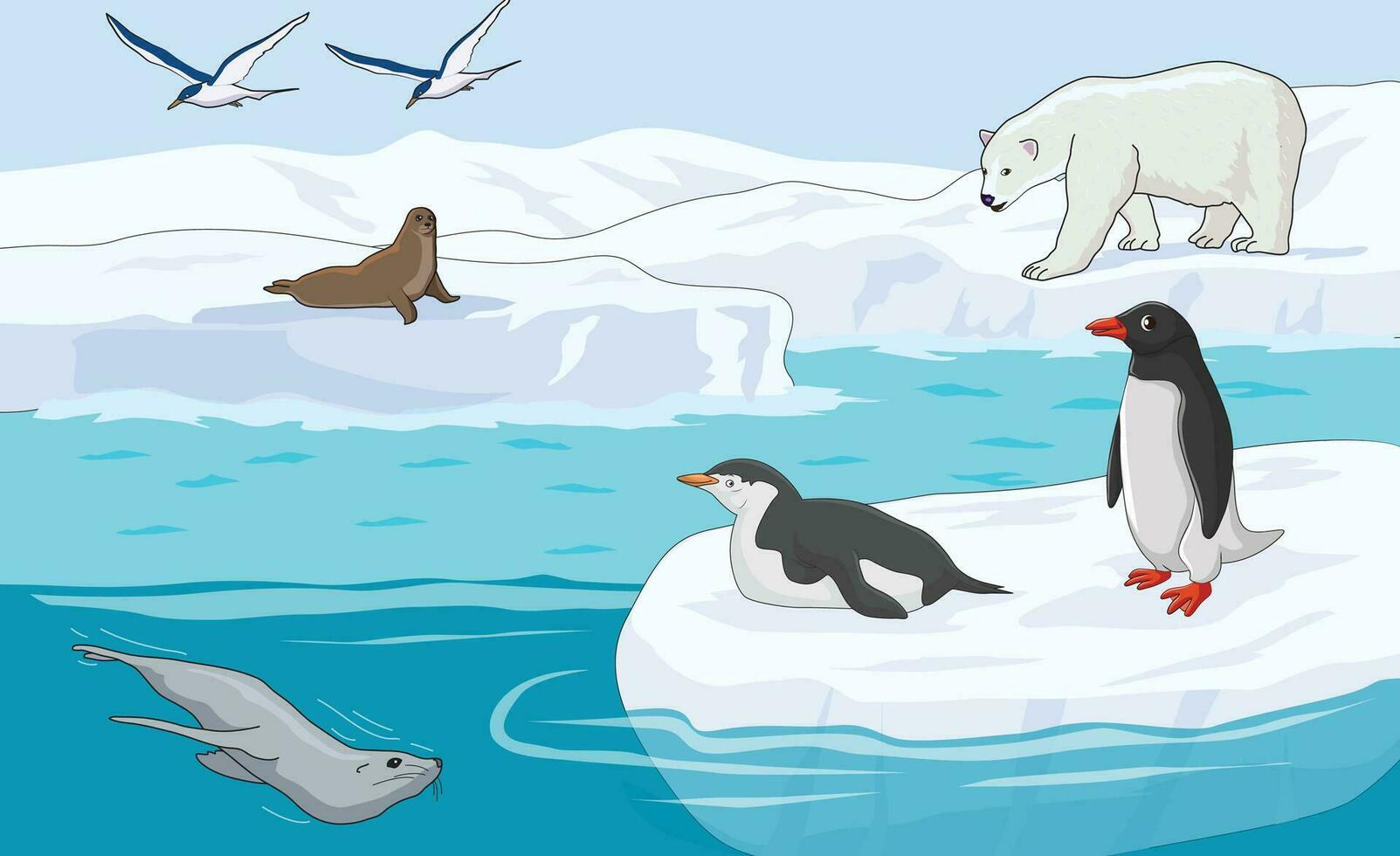 pingüino, ballena, morsa, mar gaviota y polar oso vector