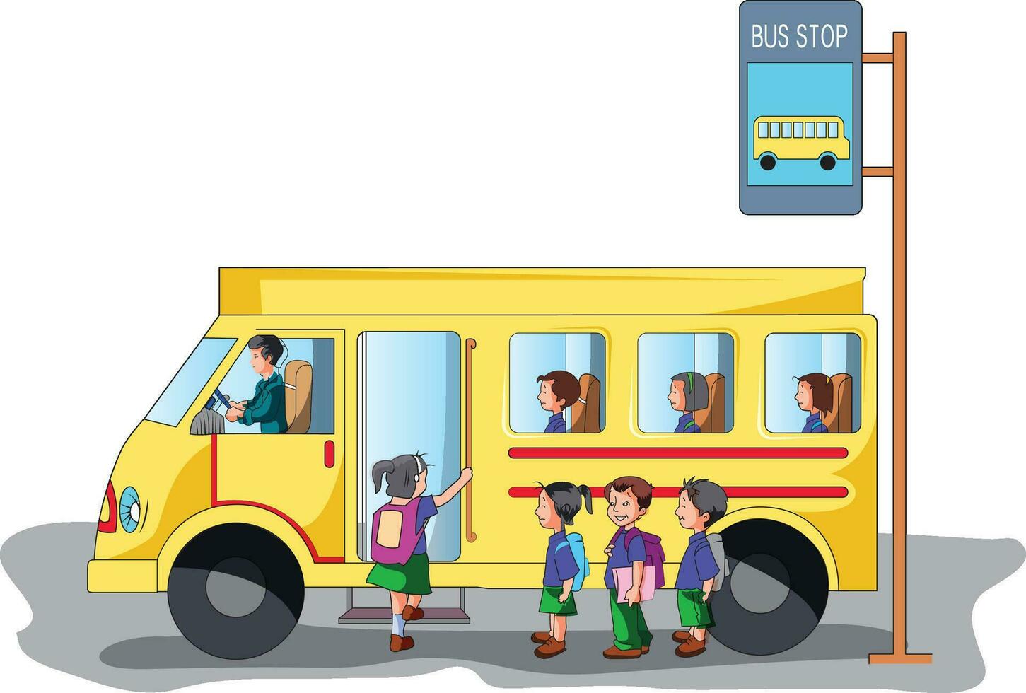 Children's Boarding the School Bus Vector Illustration
