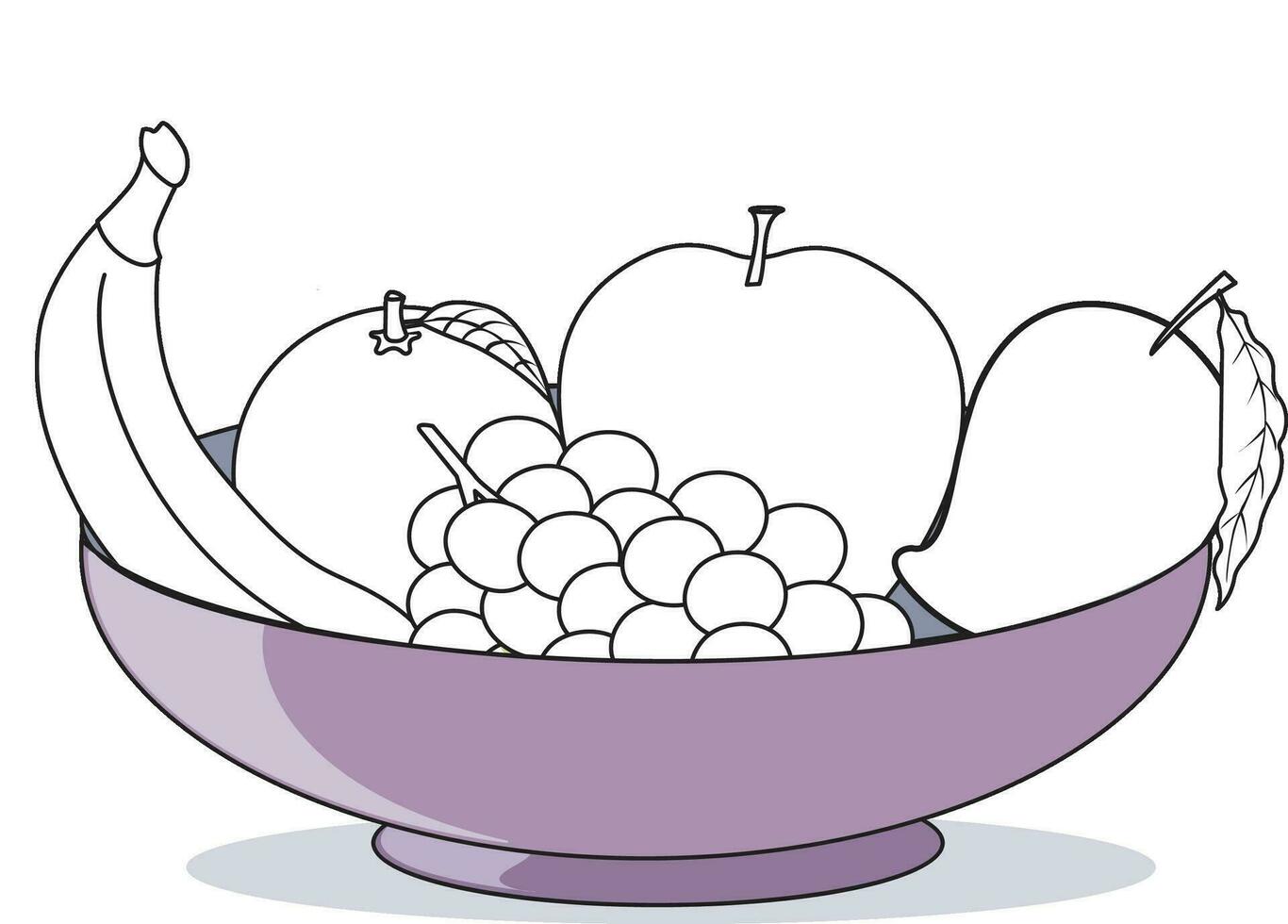 Vector illustration showing outlines of banana, apple, mango, grapes and orange placed in a basket