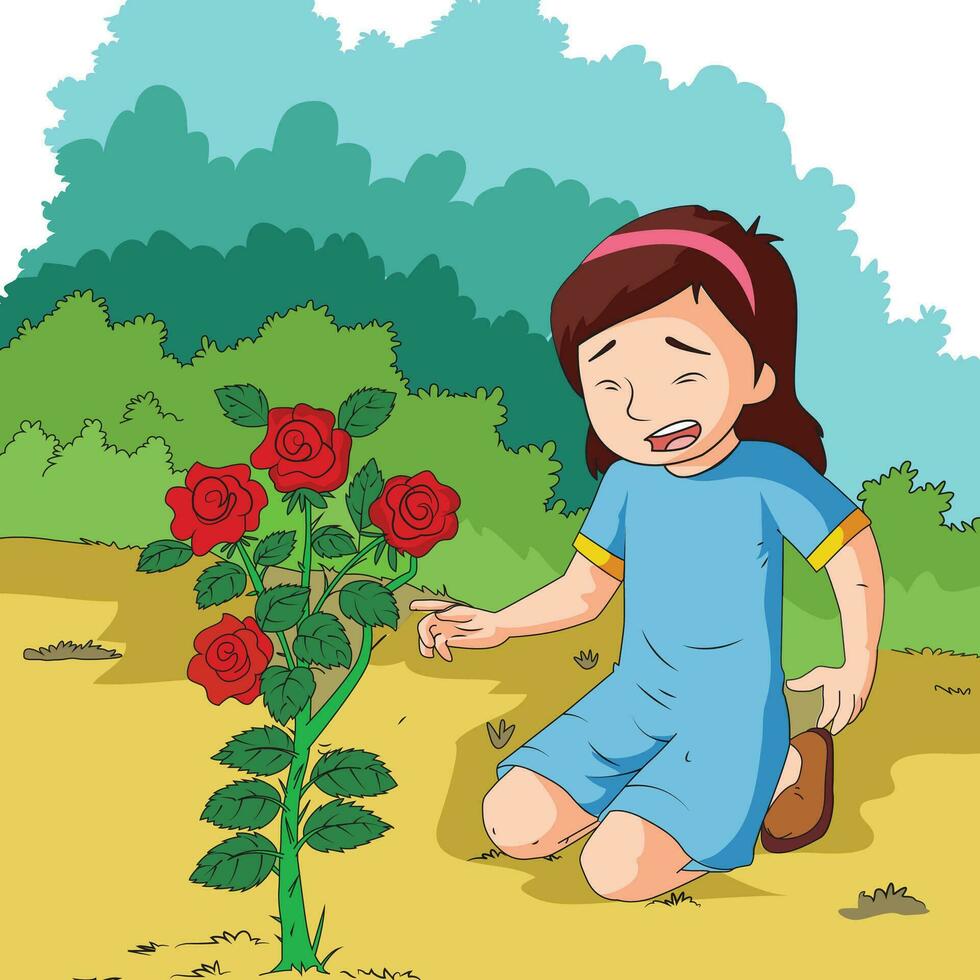 Little girl crying in pain due to rose thorn vector illustration