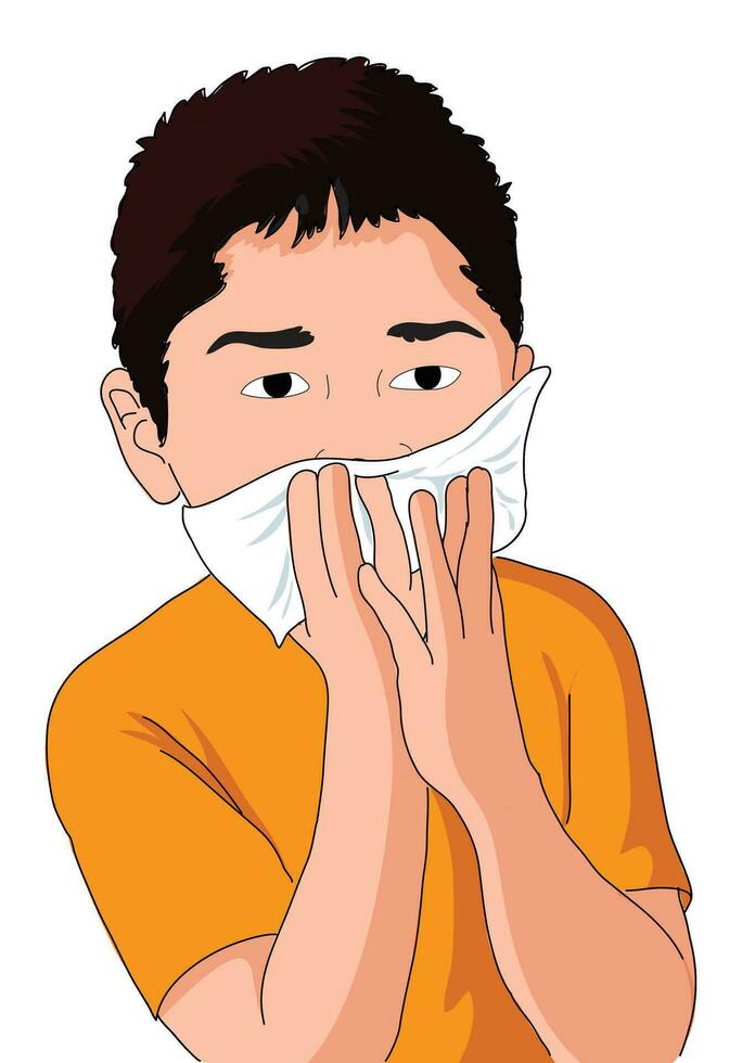 Cute boy putting his handkerchief on his mouth to prevent coughing vector