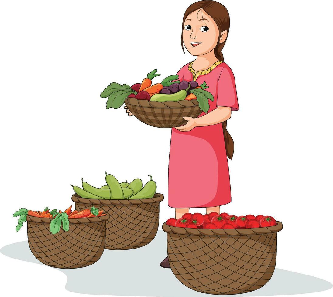 linda pequeño niña sonriente y que lleva frutas y vegetales cesta en mano vector