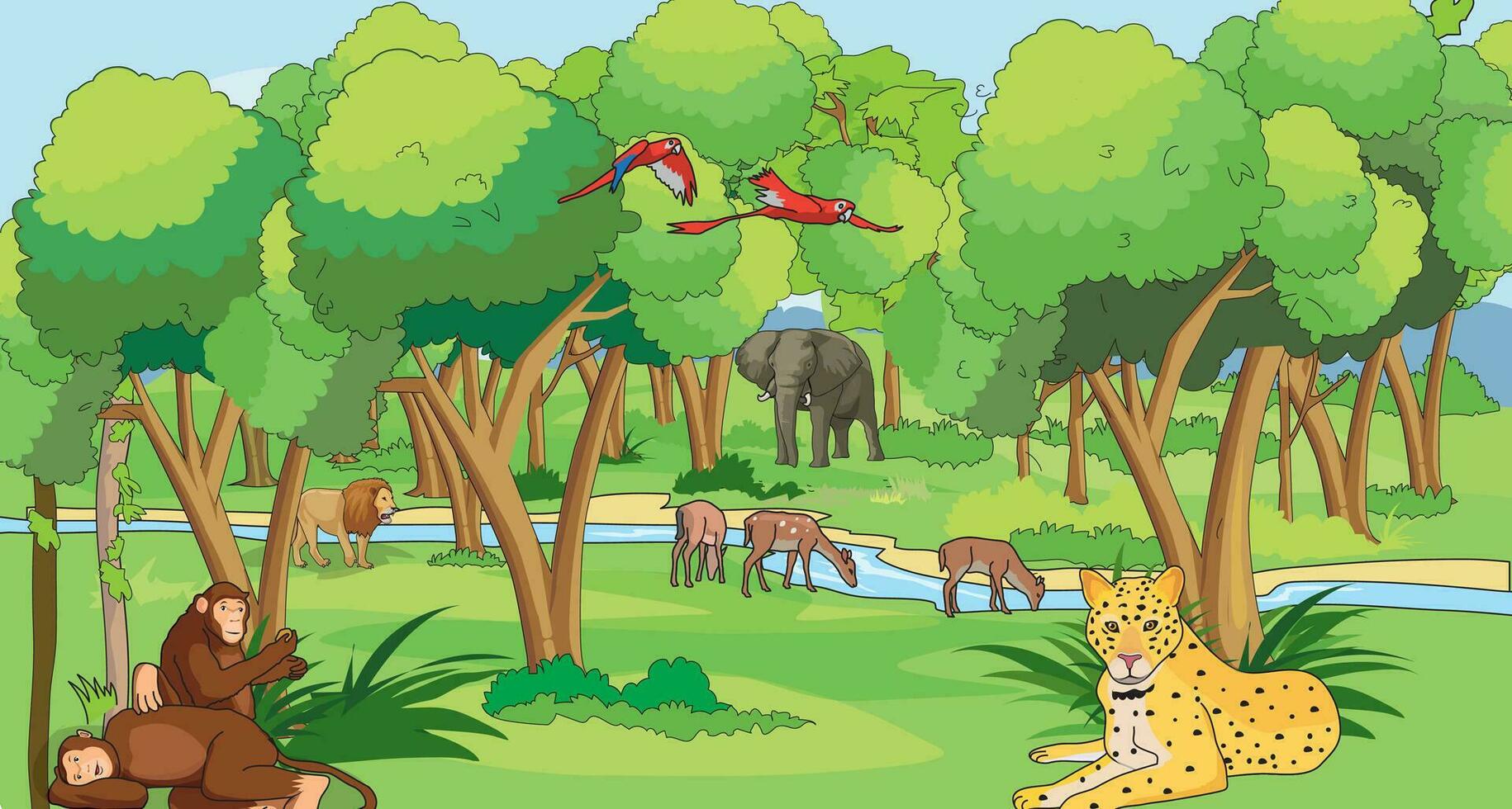 Forest illustration with birds and wild animals namely cheetah, lion, elephant, deer and chimpanzees vector