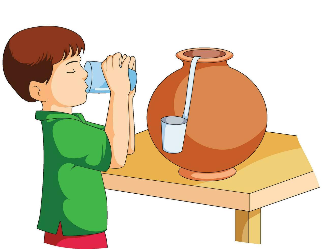 Boy Drinking Water from Water Pitcher Vector Illustration