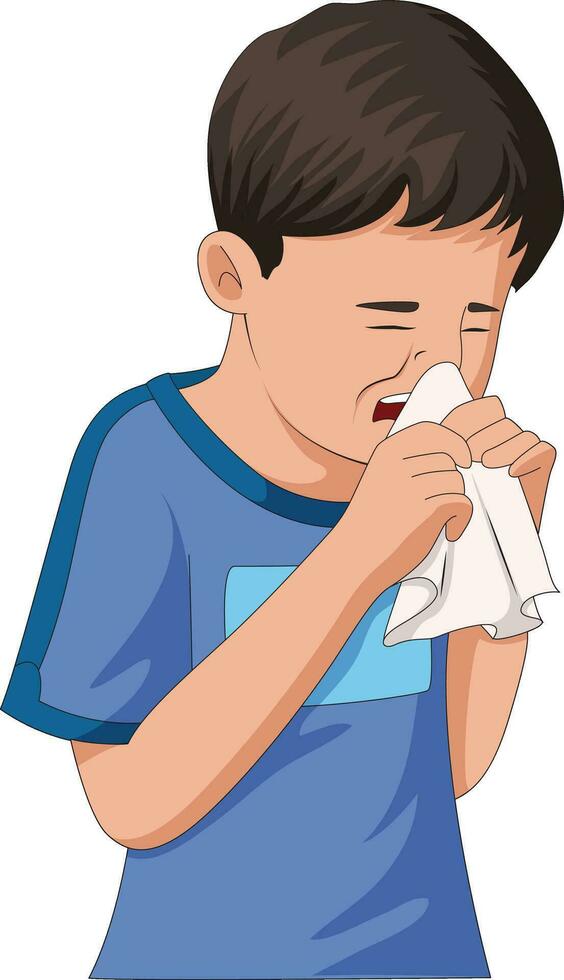 Boy sneezing and wiping off his nose with a handkerchief vector