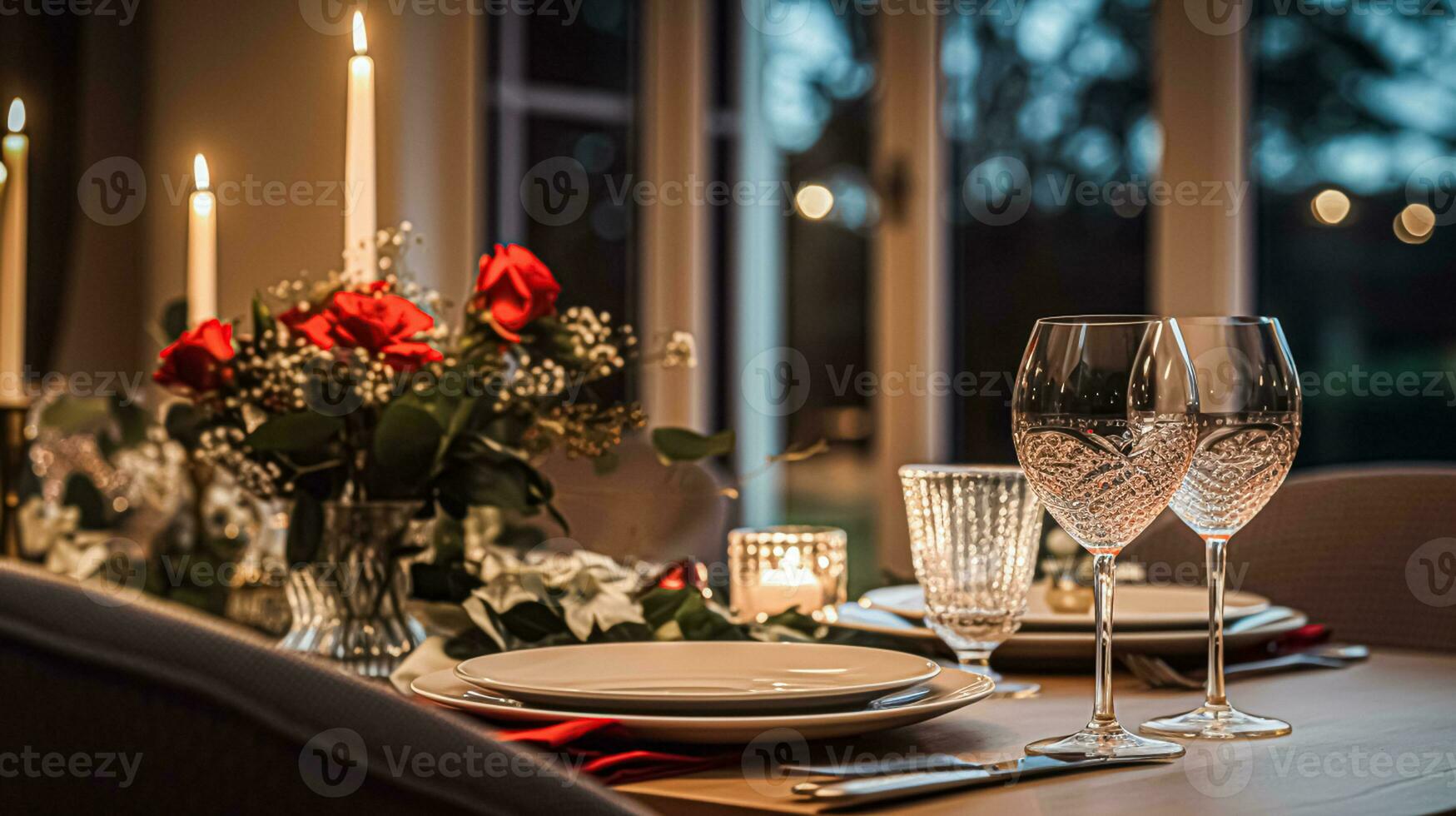 AI generated Festive date night tablescape idea, dinner table setting for two and Christmas, New Year, Valentines day decor, English country home styling photo