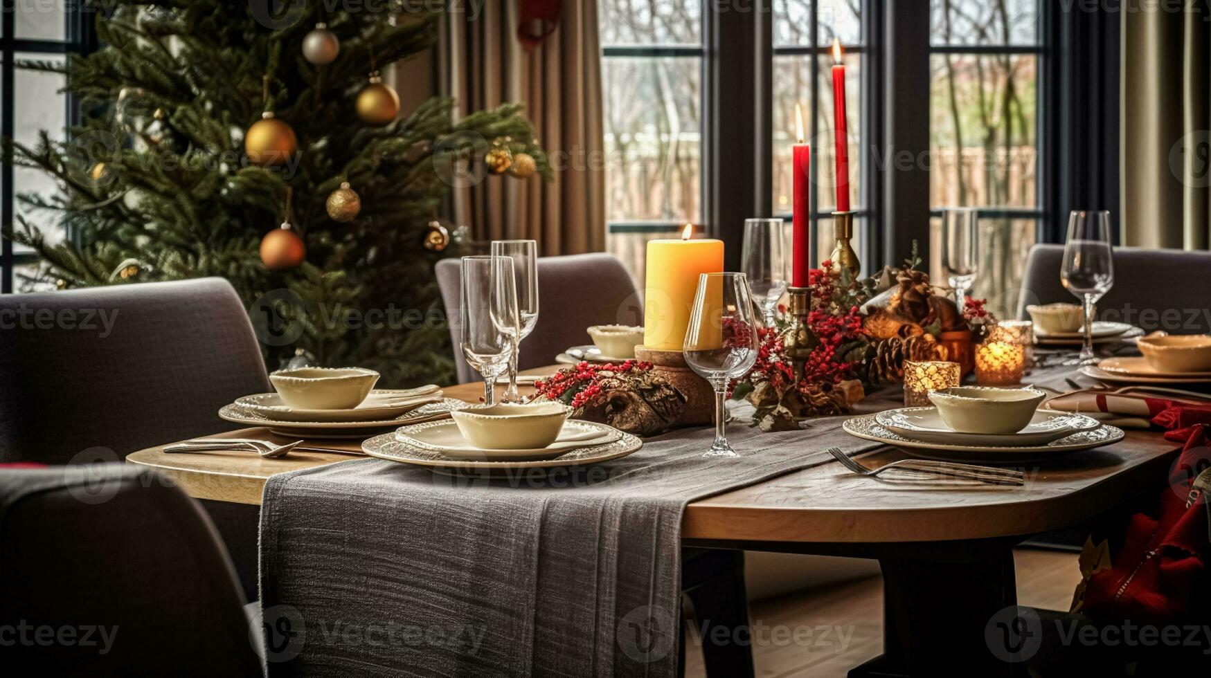 AI generated Christmas holiday family breakfast, table setting decor and festive tablescape, English country and home styling photo