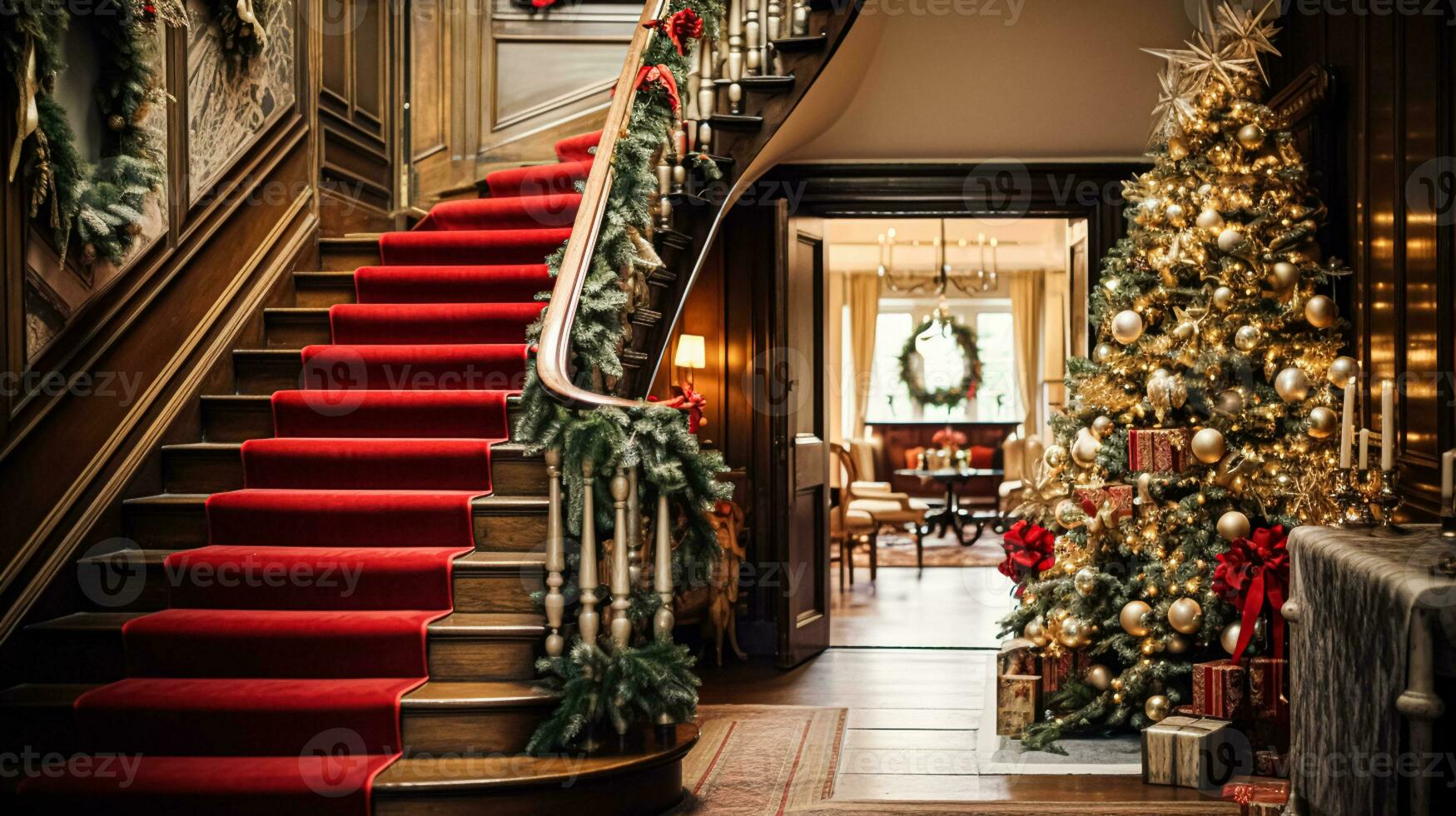 AI generated Christmas at the manor, grand entrance hall with staircase and Christmas tree, English countryside decoration and interior decor photo