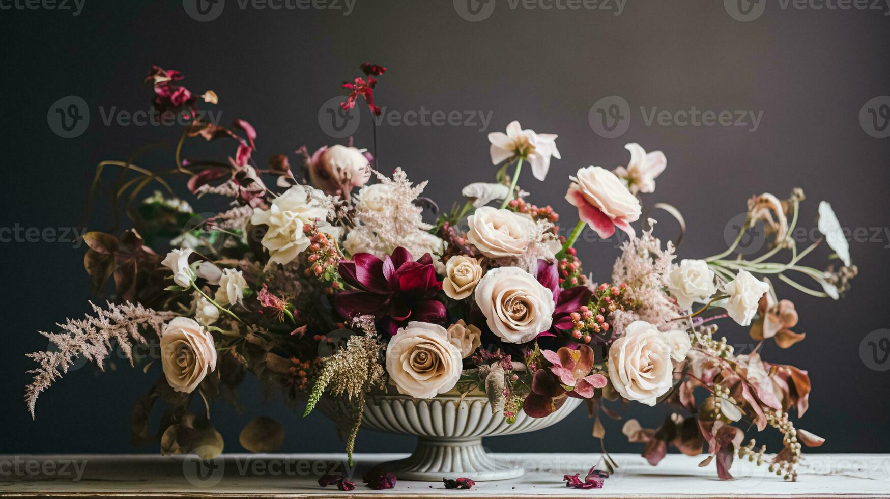 AI generated Floral arrangement with winter, autumn or early spring botanical plants and flowers photo