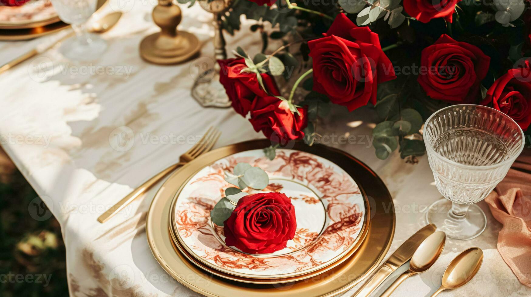 AI generated Wedding and event celebration tablescape with flowers, formal dinner table setting with roses and wine, elegant floral table decor for dinner party and holiday decoration, home styling photo