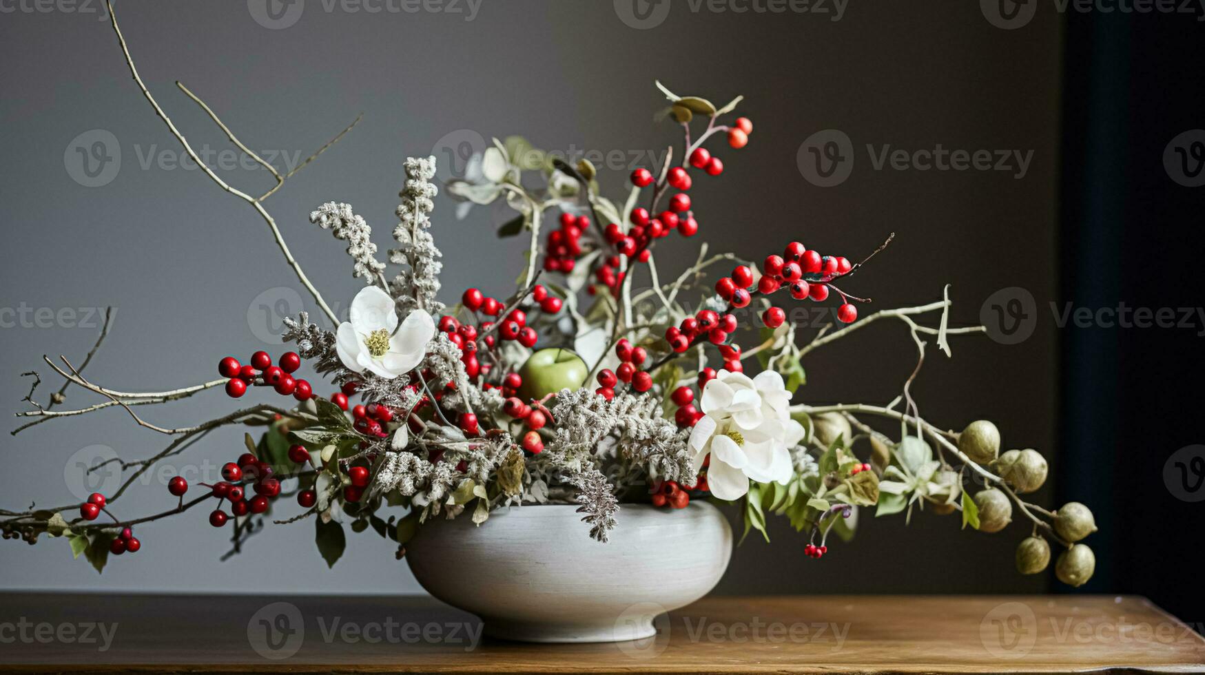 AI generated Floral arrangement with winter, autumn or early spring botanical plants and flowers photo