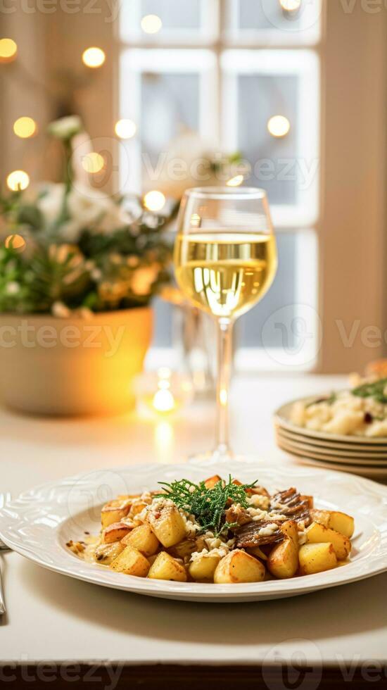 AI generated Winter holiday meal for dinner celebration menu, main course festive dish for Christmas, family event, New Year and holidays, English country food recipe photo