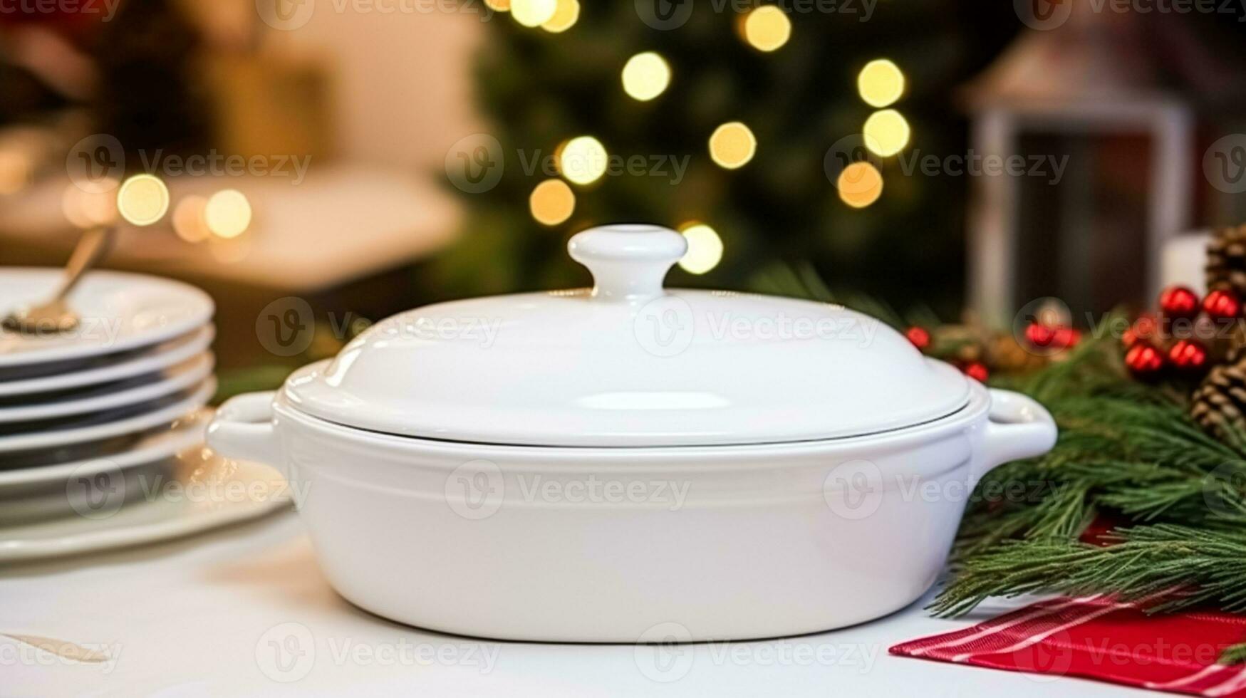 AI generated Dishware and crockery set for winter holiday family dinner, Christmas homeware decor for holidays in the English country house, gift set and home styling photo