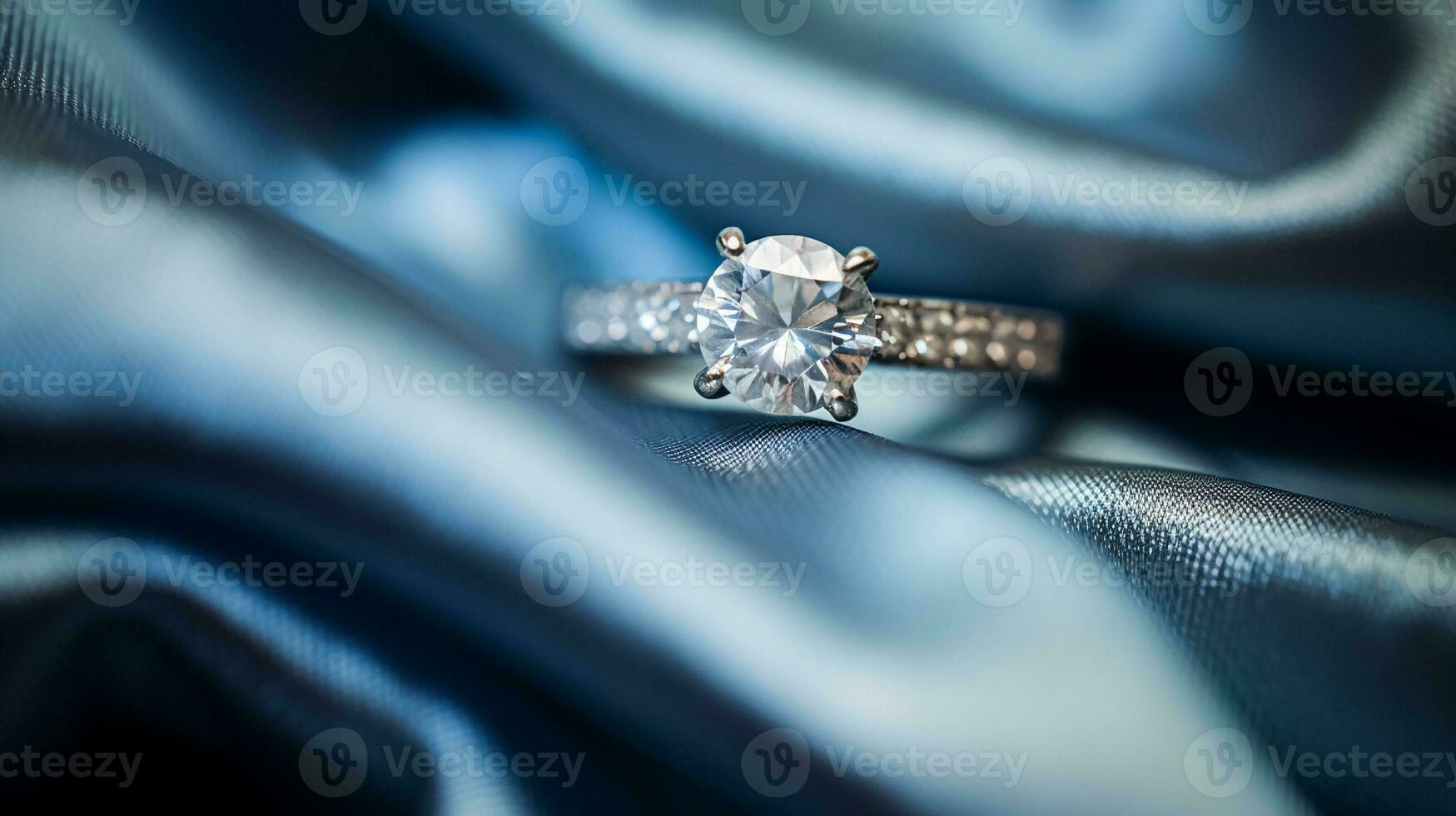 AI generated Jewellery, proposal and holiday gift, diamond engagement ring on blue silk fabric, symbol of love, romance and commitment photo