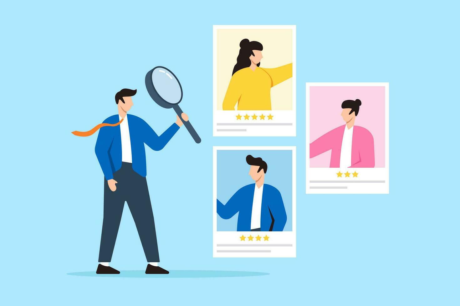 HR recruiter analyzing candidate with magnifying glass in flat design vector