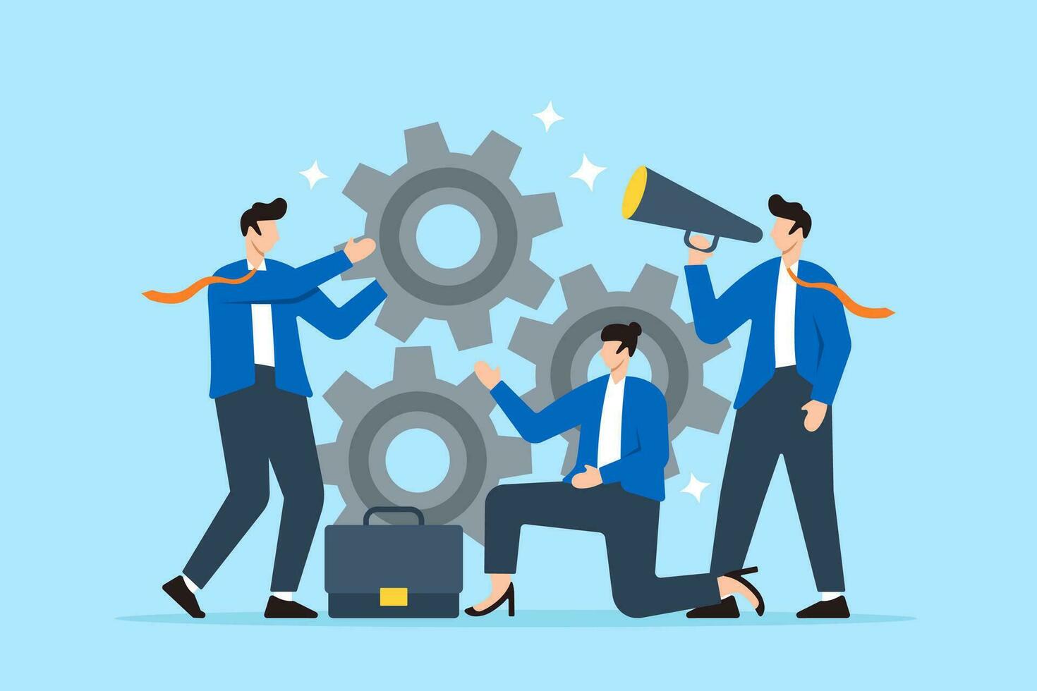 Business team work together with gear cogwheel in flat design vector