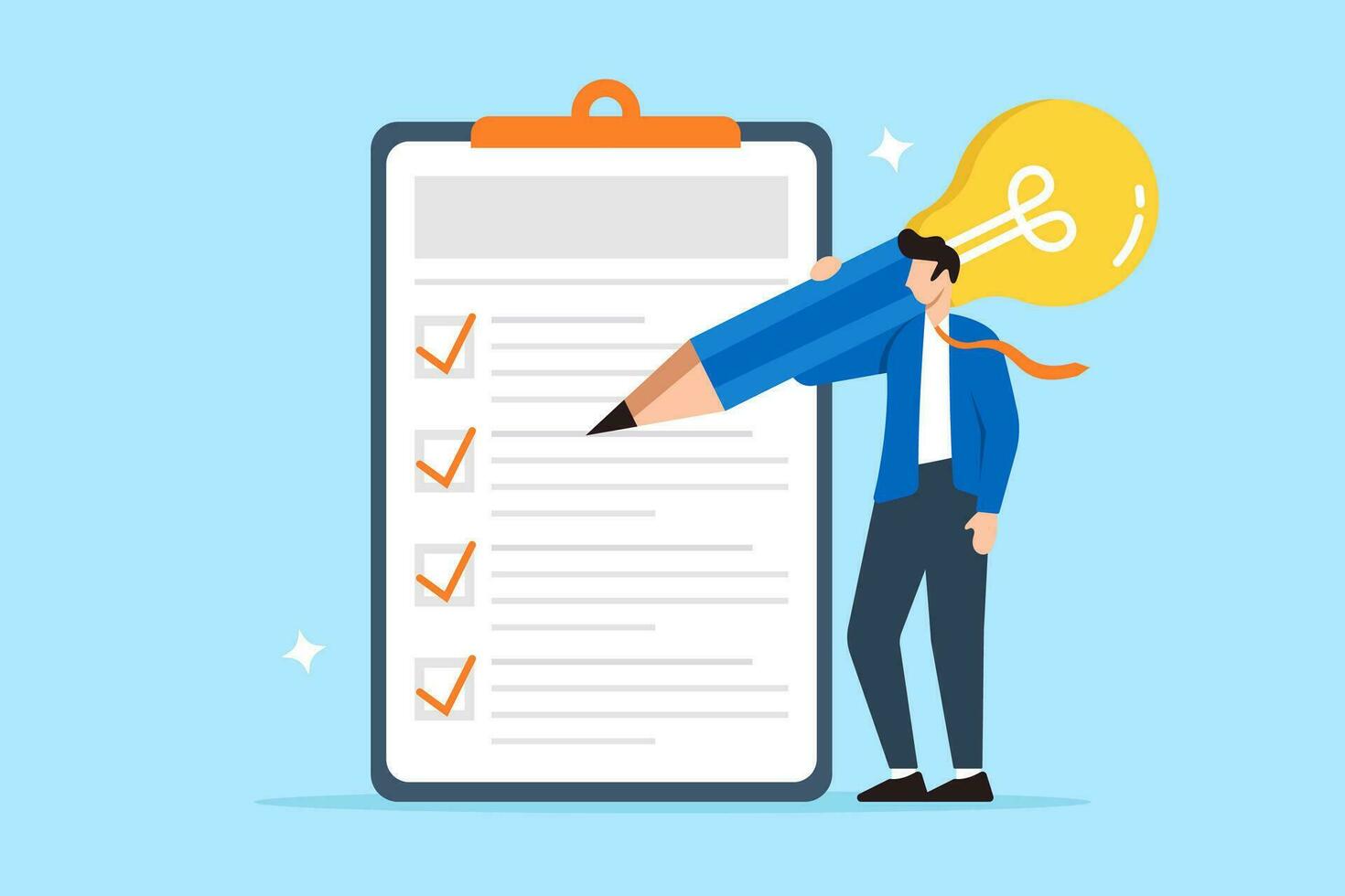 Businessman completes survey using light bulb pencil in flat design vector